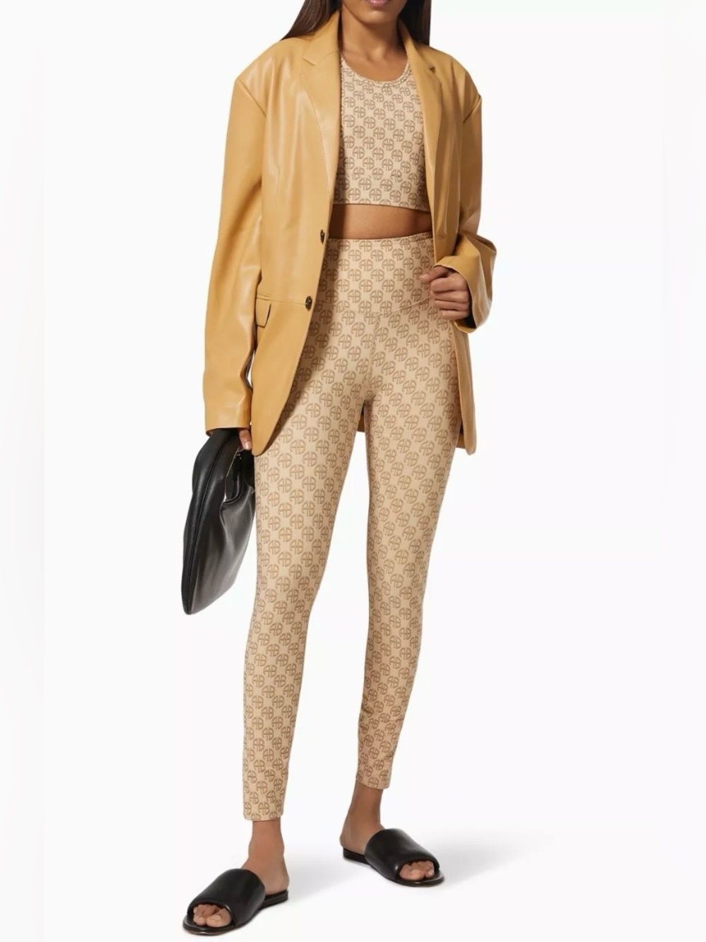 Anine Bing Sport Women’s Blake Mid Rise Legging Camel Monogram Print Pants L